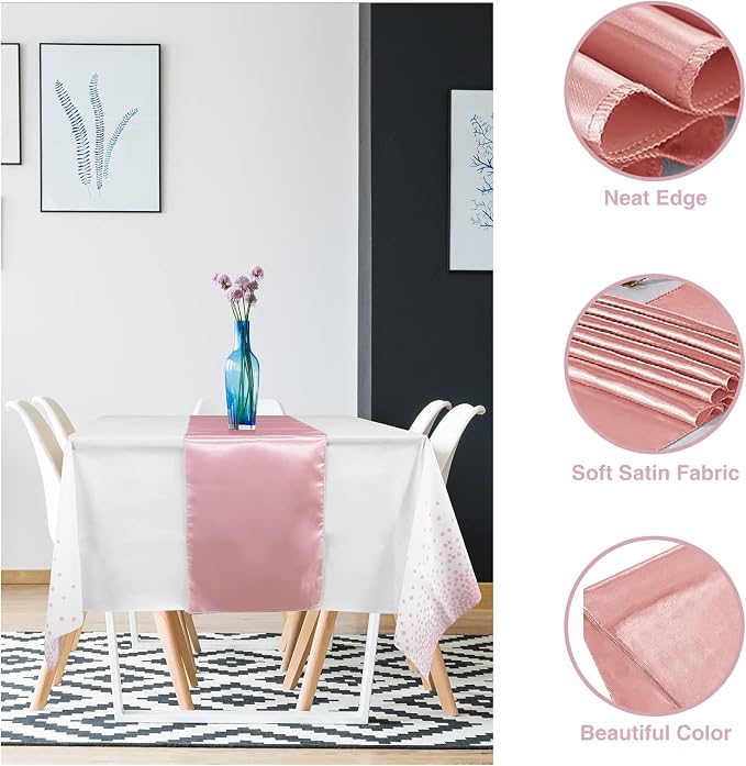 8Pack Disposable Plastic Tablecloths and Satin Table Runner Set White and Rose - Image 3