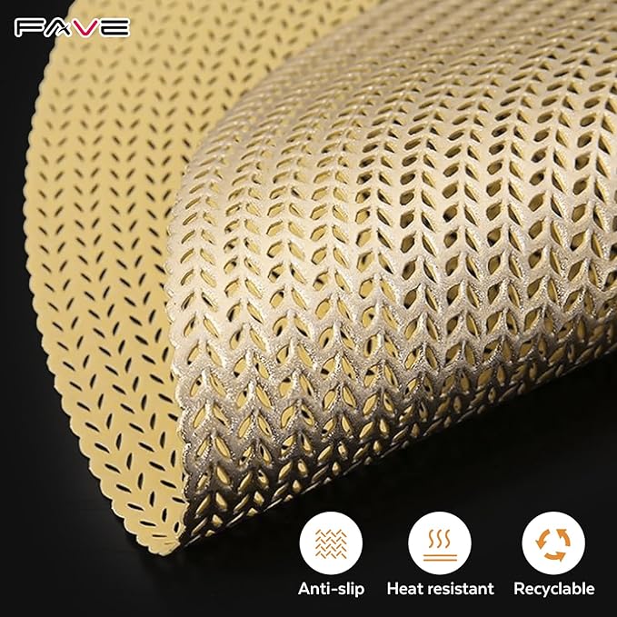 FAVE 12PCS Gold Vinyl Round Placemats, Wheat Sheaf Design 15 Inch Placemats Set of 12 Washable for Dining, Events, Banquet, Home & Daily Use (Gold Wheat,12pcs)