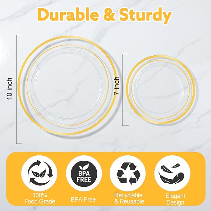 60 PCS Clear Gold Plastic Plates, Disposable Party Plates Include 30 Dinner Plate and 30 Dessert Plate Perfect for Holiday, Birthday, Wedding & Party