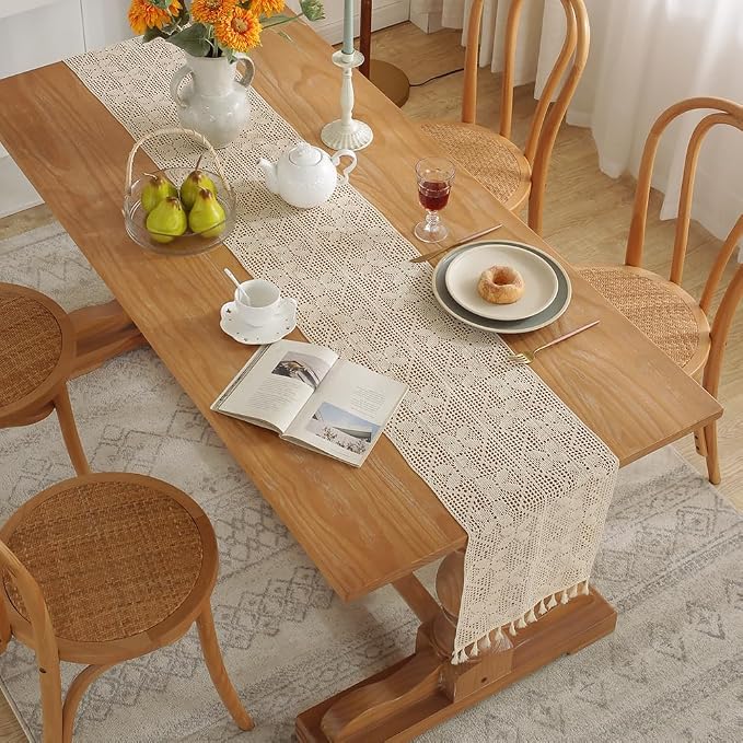meioro Crochet Lace Table Runner, 12x72 Inch Boho Cotton Table Runners - Image 2