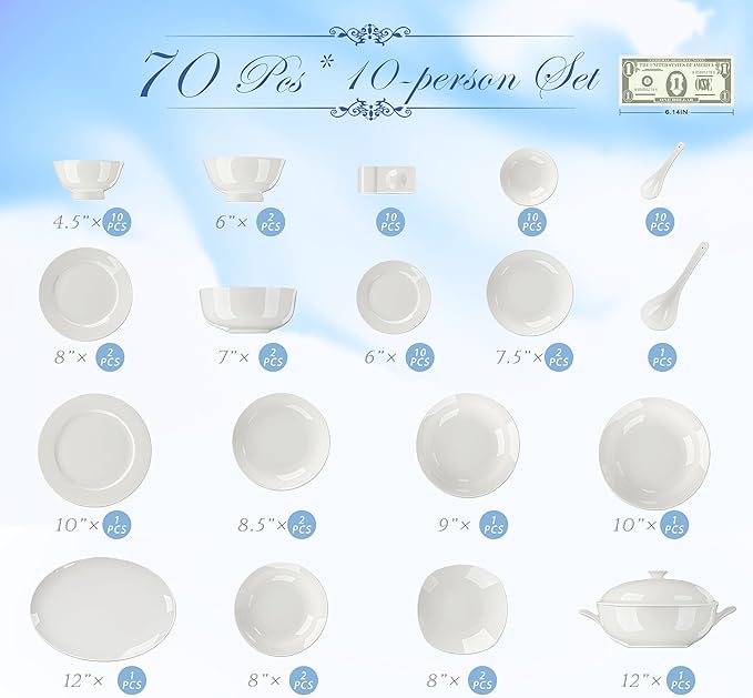 70 Pcs Fine Bone China Dinnerware Set, Porcelain & Ceramic Dinnerware Sets, Bone Stoneware & Ceramic Cookware Tableware Set Includes Dinner Plates|Spoons|Pasta Bowls|Soup Pot|Chopsticks