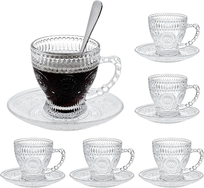 Glass Teacups and Saucers Set of 6, Vintage Coffee Mugs by GURUDAR