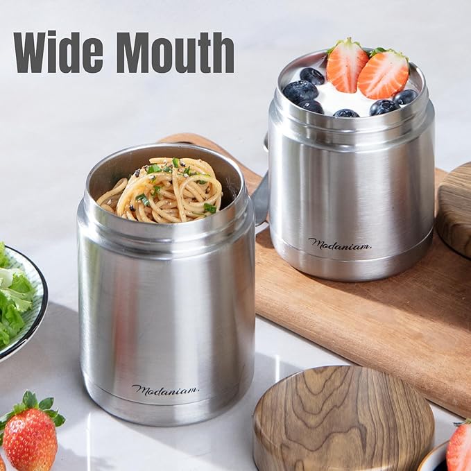 Stainless Steel Insulated Food Jar Set of 2 (16oz + 12oz) | Wide Mouth | Soup Thermo for Hot Food Lunch Container | Thermal LunchBox | Insulated Soup Bowl | Hot and Cold Lunch Box for Adults | SIlver