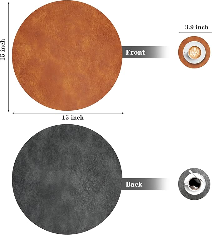 Round Placemats and Coasters Set of 6, Washable Reversible Faux Leather Placemats Cowhide Pattern Place Mats Wipeable Non-Slip 15 inch Round Kitchen Dining Table Mats (Gray Brown, 6)