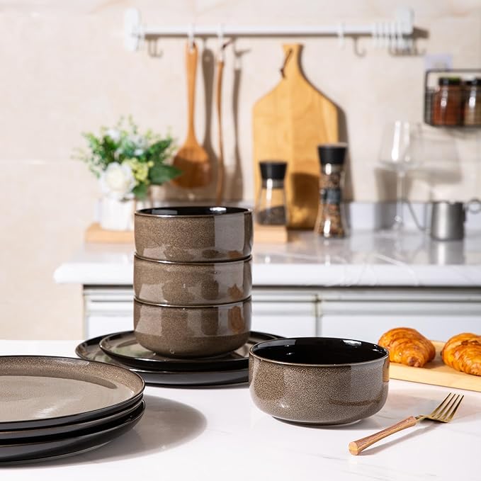 LERATIO Ceramic Dinnerware Sets for 4,Porcelain Plates and Bowls Sets,Microwave & Dishwasher & Oven Safe,Scratch Resistant Dishes Sets-Service for 4 (12pcs)-Mordern-coffee