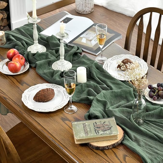Artoid Mode Boho Forest Green Gauze 6 Pieces Wedding Table Runner, 120 Inch - Image 3