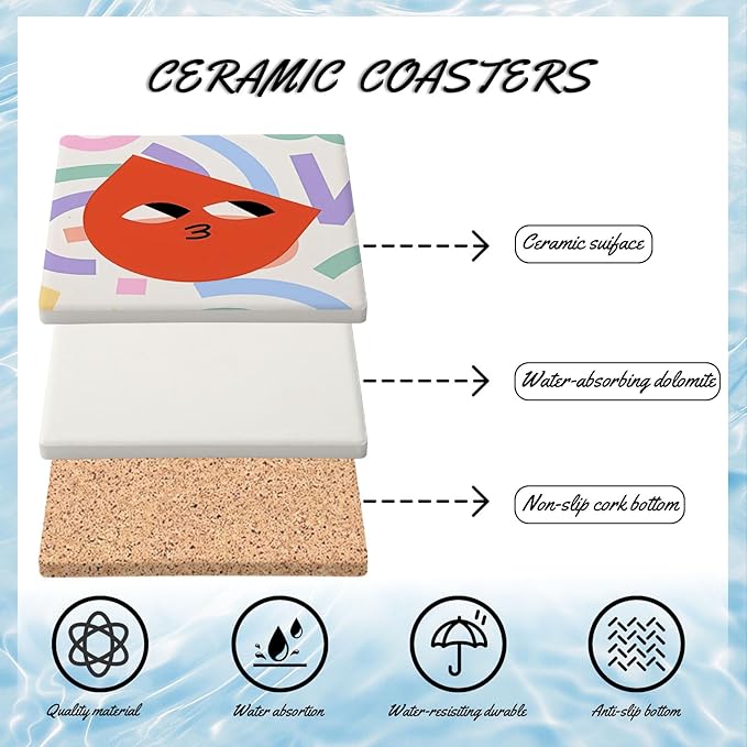 MAYCARI Cartoon Funny Grimace Face Coasters Set of 6 Cork Backed Cute Coasters with Metal Holder Original Ceramic Surface Drink Cup Mats for Tabletop Protection Modern Desk Decoration Birthday Gifts