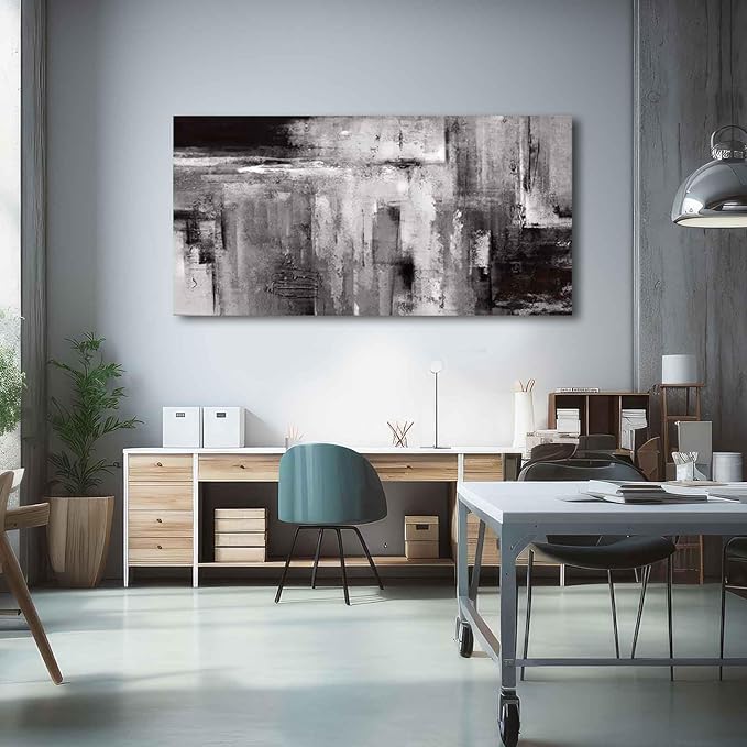 XIANSHOU Black Abstract Wall Art Living Room Decor Painting 29"x 58" White Abstract Graffiti Wall Decorations for Bedroom Kitchen Dining Room Office
