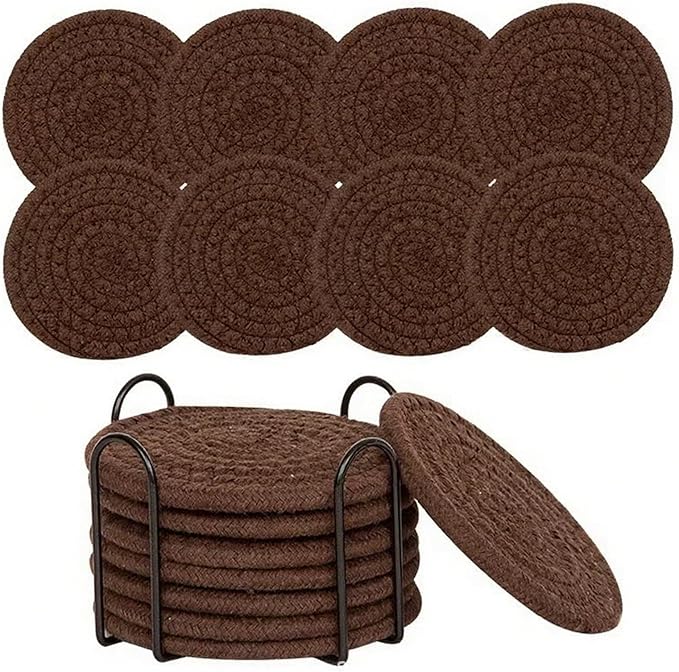 8 Pcs Drink Coasters with Holder, Handwoven Cotton Coasters Set Stackable Absorbent Minimalist Home Decor for Table, Cup, Mug (Dark Brown)