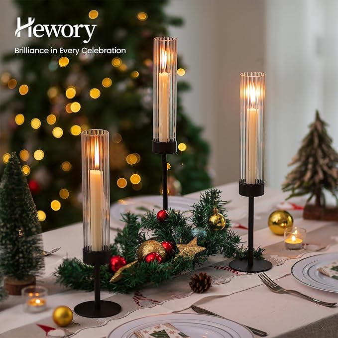 Hewory Black Taper Candle Holders: Candlestick Holders Set of 3 Hurricane Glass Tall Candle Holder for Candlesticks Candle Sticks Holder Decor for Table Centerpiece Wedding Party Christmas Decorations