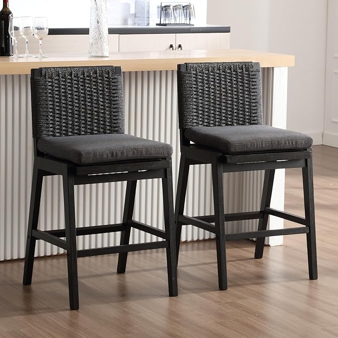 Carbon Black Bar Stools Set of 4, 27.3 Inch Counter Height Stools Upholstered Linen Armless Bar Chairs with Woven Rope Backrest Wooden Legs for Kitchen Island Dining Room