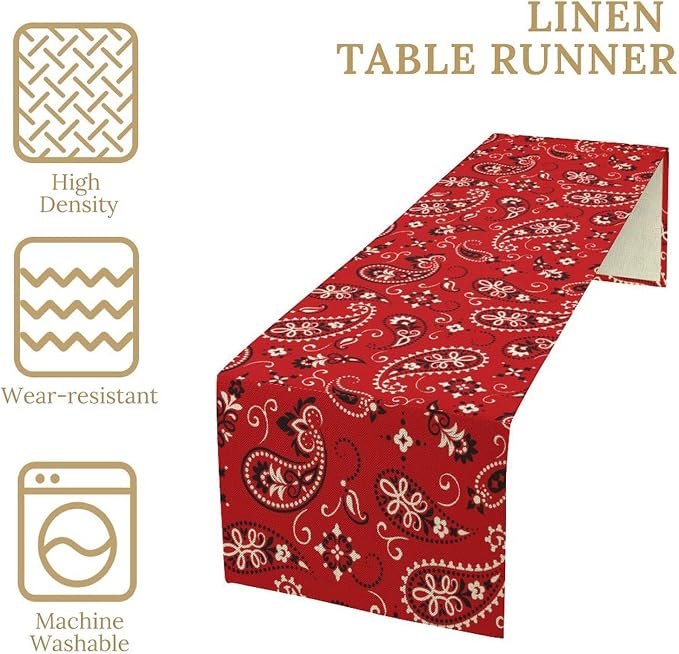 Paisley Table Runner, Boho Vintage Western Red Paisley Flower Print Table Runner - Image 4