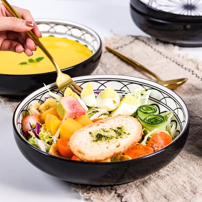 Yundu 38 Ounce Pasta Bowl Set of 4, Large Salad Serving Porcelain Bowls, Microwave Dishwasher Safe, Black