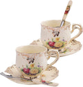 Foraineam Set of 2 Tea Cup and Saucer, 8 oz. Flowering Shrubs Ivory Ceramic by Foraineam