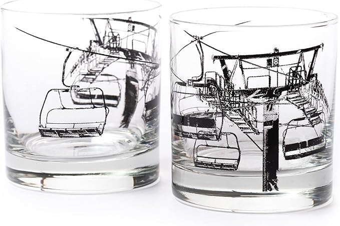 Black Lantern Whiskey Glasses Set of 2 - Ski Lift Old Fashioned Whiskey Glasses for Cocktails Bourbon Scotch and Whisky - Drinking Glasses - 11oz. Heavy Base Tumbler Glasses and Gift Box