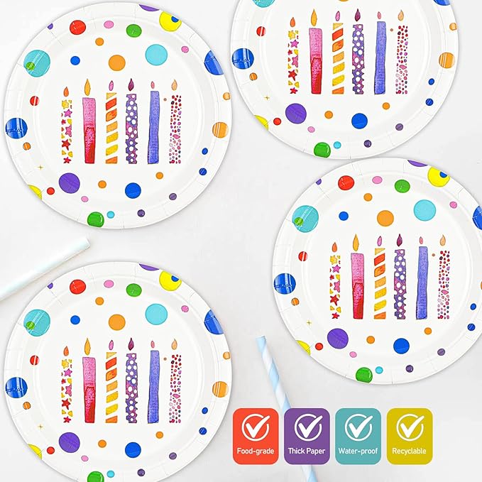 Birthday Plates & Napkins, Colorful Dots, 7 Inch, Disposable Paper Dinnerware - Image 4