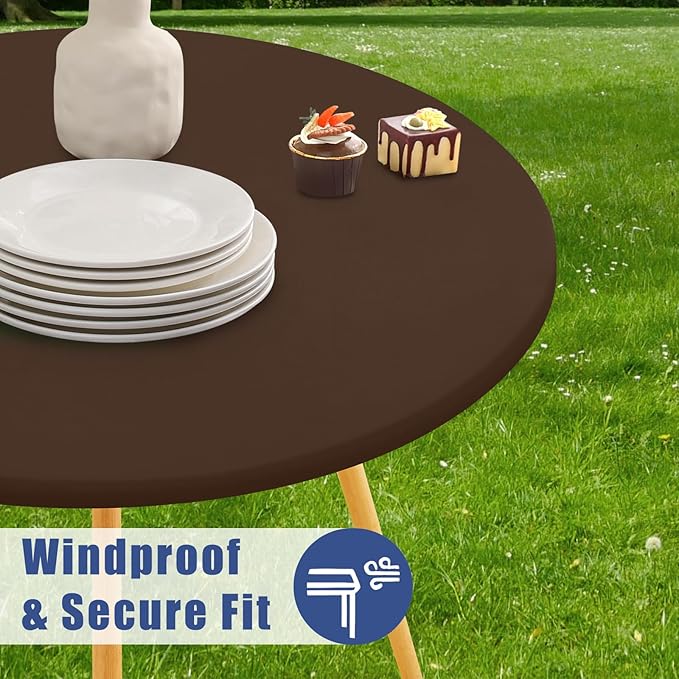Round Spandex Tablecloth 2 Pack, Elastic Fitted Waterproof Tablecloths for 36"-44" Tables, Stretch Washable Picnic Table Cover for Camping, Dining, Indoor and Outdoor, Coffee