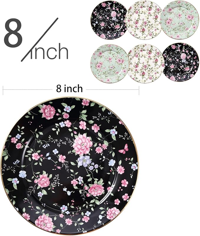 Floral Salad Plates, Set of 6 – 8 Inch Ceramic Appetizer Plates with Gold Trim, Vintage Floral Design for Dessert, Tea Party, Dinner, Decorative Serving