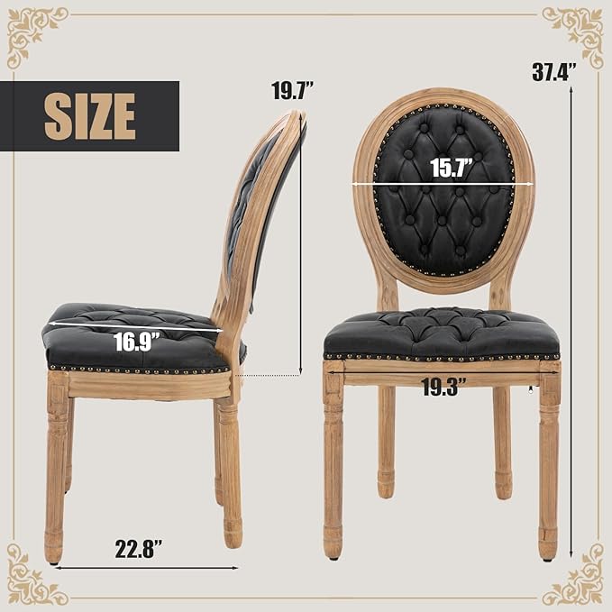 SoarFlash French Dining Chairs Set of 2, Vantage Dining Chair with Round Back, Wood Leg Farmhouse Country PU Leather Dining Chair for Kitchen,Bedroom,Black