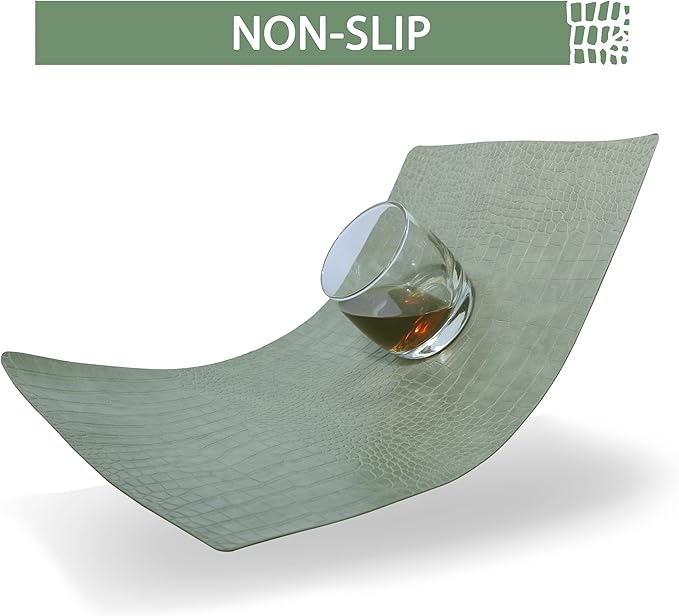 Jovono Faux Leather Placemats Set of 6, Waterproof Heat Resistant Dinner Place Mats for Dining Table, Non-Slip Crocodile Embossed, Green (17.8x11.8 Inch)