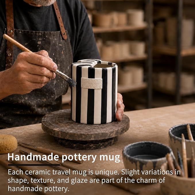 Ceramic Coffee Mug with Half Lid, 12oz To Go Coffee Mug, Handcrafted Striped - Image 4