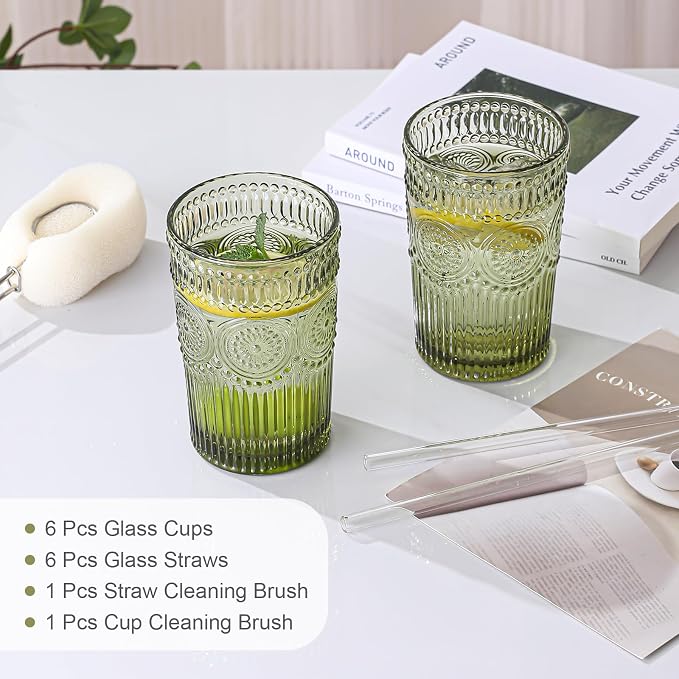 ZMOWIPDL Drinking Glasses Set of 6, 13oz Flower Design Green Glass Cups | - Image 5