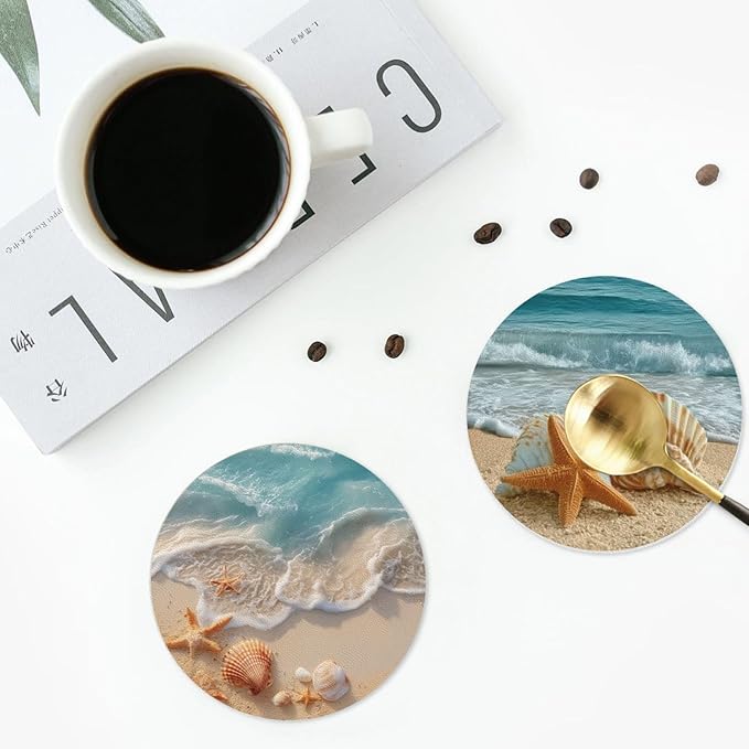 Beach Coasters for Drinks with Holder Round Leather Coasters Set of 6 Cups Mugs Mat Pad for Home Kitchen Bar
