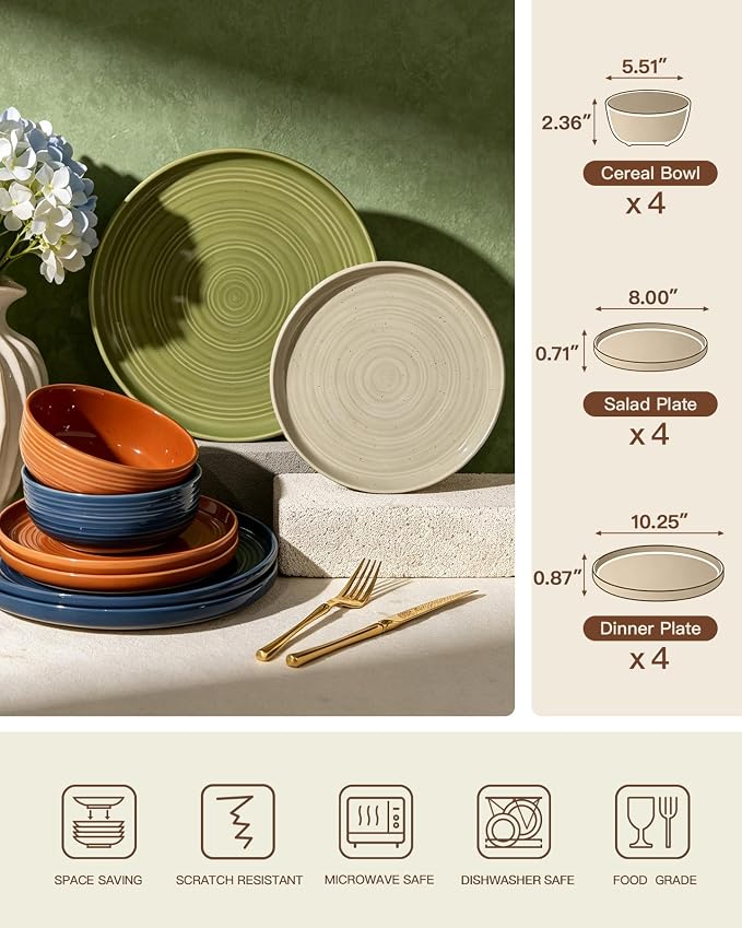 Dinnerware Set for 4, Ceramic Plates and Bowls, Chip & Scratch Resistant - Image 6