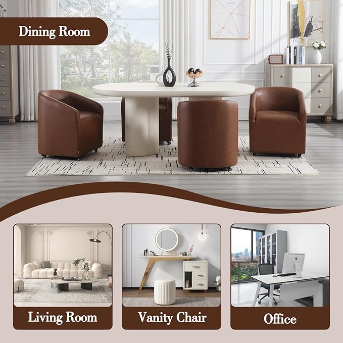 Modern Barrel Dining Chairs with Rolling Casters Set of 6, Upholstered PU Leather Swivel Dining Room Chairs with Wheels for Kitchen Living Room Home Office, Brown