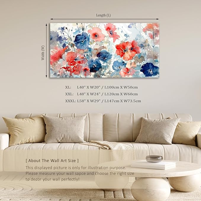 ADJUVANT Wall Art Watercolor Vibrant Floral 48"L x 24"W, Colorful Poppies With Soft Hues Canvas Painting Lively Blooms Artwork Delicate Tones Prints Wall Decor for Living Room Bedroom Bathroom Home Office