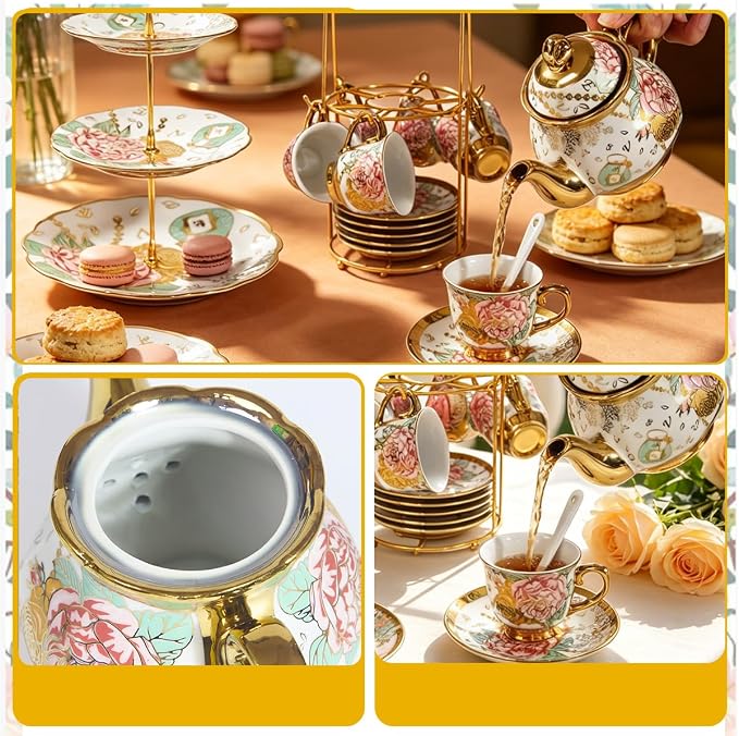 CHANJOON Gold Plated Red Rose Ceramic Tea Set, Vintage Tea Sets - Image 5