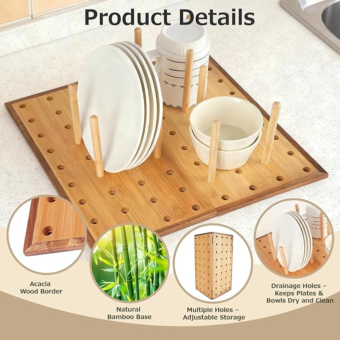 Foldable Pegboard Organizer for Kitchen – Bamboo Base & Acacia Wood Edge Dish Rack for Kitchen Countertop, Cabinet, and Drawer, 16 Removable Pegs, 15.7" x 15.7"