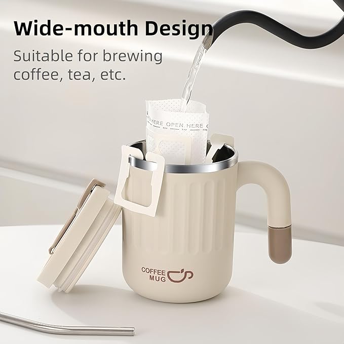 16oz Insulated Coffee Mugs - Ideal for Indoor Office Use. Features SUS 304 Inner, Double Wall Insulation, Detachable Silicone Ring. 3 Drinking Options. Available in White, Brown, Pink (White)
