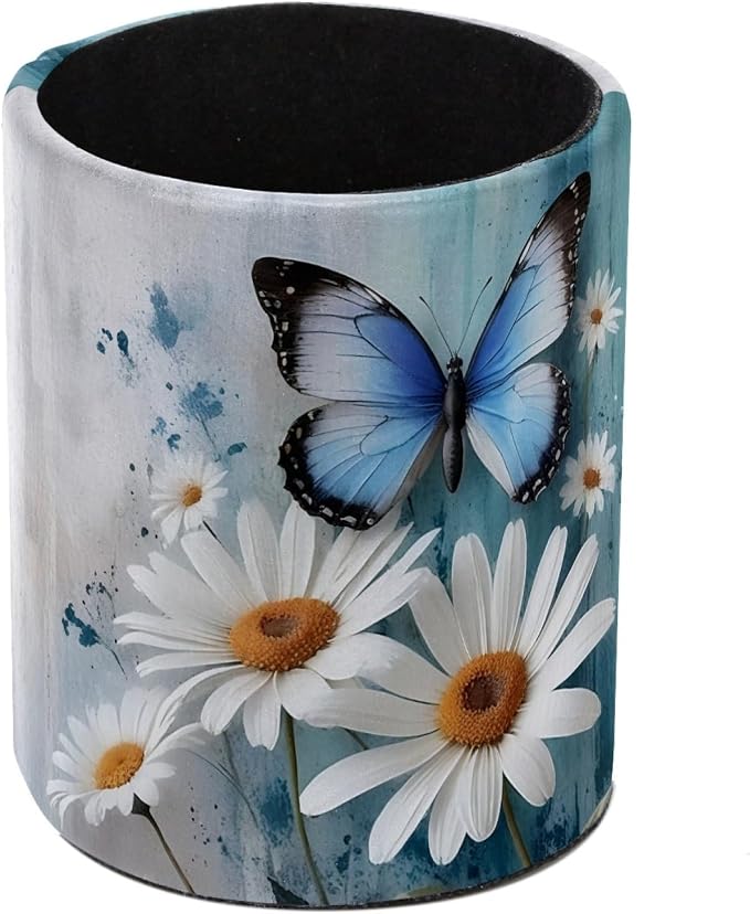 Rural Daisy and Butterfly Leather Pen Holder by Unknown