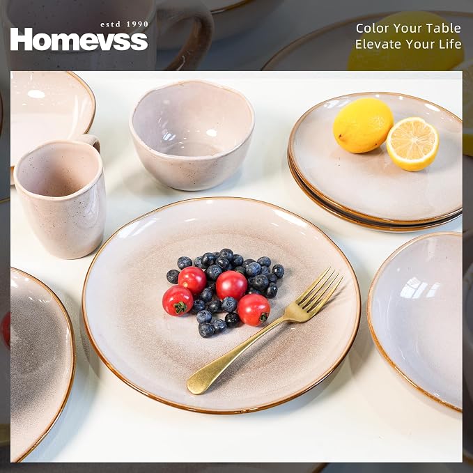 Highland 16pc Dinnerware Set, Unique Organic Shape Double Bowl， Stoneware Plate - Image 4