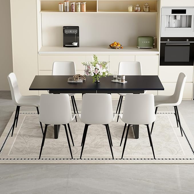 Extendable Dining Table Set for 8, 55"–71" Modern Black Kitchen Table with 8 Upholstered Chairs, Space-Saving for Living Room Apartment, Sturdy & Comfortable, Easy Assembly