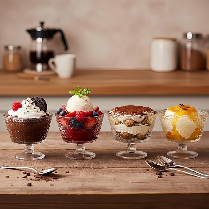 ZOOFOX 6 Pack Glass Ice Cream Bowl Set, 9 oz Footed Fruit Parfait Cups, Embossed Design Glass Dessert Bowls for Sundae, Ice Cream, Smoothie, Fruit, Salad, Yogurt, Cocktail, Snack