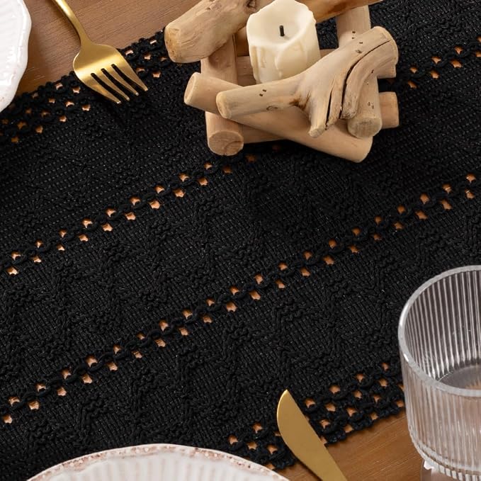 DeZerlor Black Boho Macrame Farmhouse Woven Table Runner 108Inch | Cotton Linen - Image 5