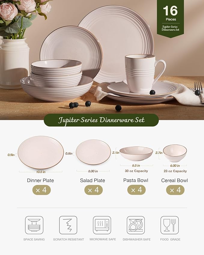 Famiware Jupiter Dinnerware Set with Pasta Bowl, Plates and Double Bowls Dish Sets for 4 (16 Pieces), Microwave and Dishwasher Safe, Chip and Scratch Resistant, Light Pink