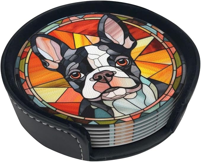 Drink Coaster Set of 6, Boston Terrier Dog Mom Lover Gift,Leather Drink Coasters with Holder,6 Pack Cup/Bar/Drink Coasters for Table/Drinks/Coffee Protection Housewarming Gift