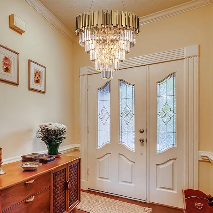 Modern Crystal Chandelier Gold Round Chandeliers Light Fixture for Dining Room Raindrop Pendant Ceiling Lighting Foyer Hallway Entryway Chandelier 5-Tier 10 Lights W23.6