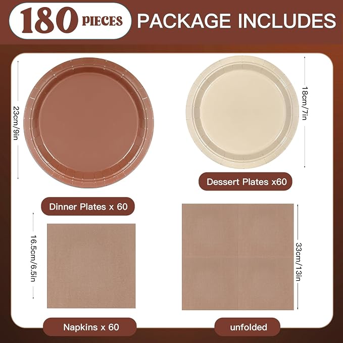 180Pcs Brown Party Supplies Boho Paper Plates and Napkins Serve 60 | Disposable - Image 2