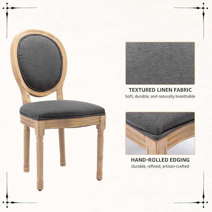 Vintage French Dining Chairs Set of 6, Round Back Accent Chairs with Linen Seat and Solid Wood Frame, Farmhouse Sillas de Comedor Upholstered for Dining Room & Kitchen, Gray