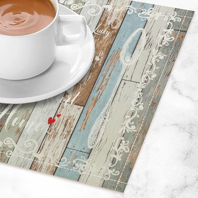 Vintage Farmhouse Placemat Set, Green Blue Rustic Wooden Plank Art Sketch Cutlery Knife Fork Inspirational Quotes Pattern Home Decor Linen Table Mats for Dining Room Kitchen Party (17x12in) x6P