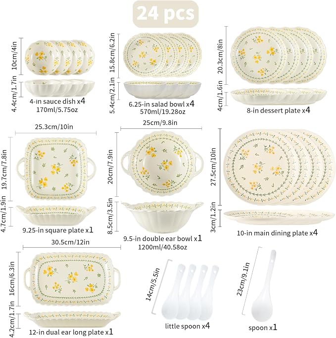 Ceramic Dinnerware Set, Floral Plates and Bowls Sets, Microwave & Dishwasher - Image 3