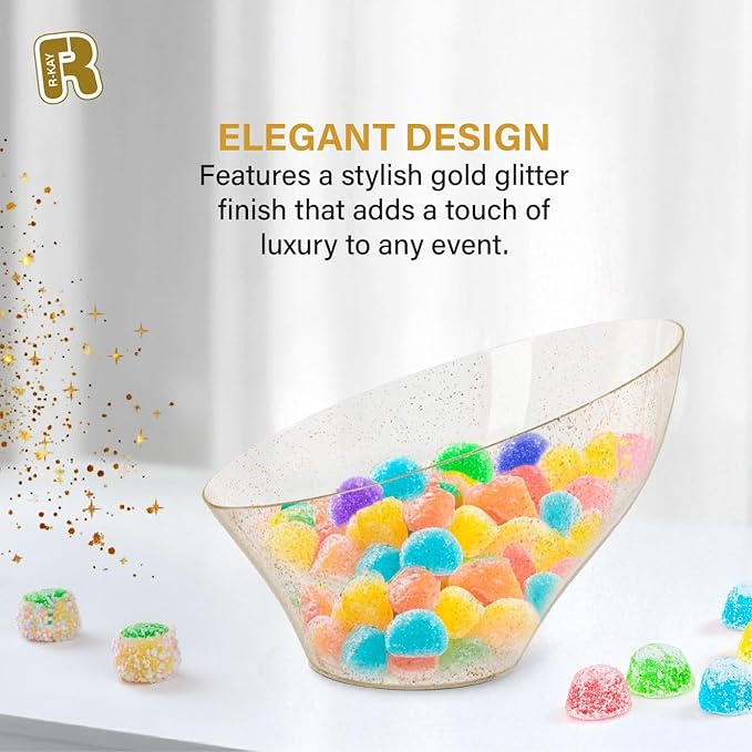 R-kay 6 Pack Glitter Angled Candy Bowls - Gold Plastic bowls 20 Oz - Premium Gold Plastic Serving Bowls Disposable Heavy Duty For Weddings Catering, parties, And All Occasions