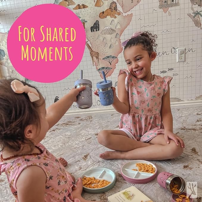 Elk and Friends Kids 6.7” Porcelain Divided Plates with Silicone Sleeves + Silicone Lids | Suitable for Babies/Kids/Toddlers | Microwave & Dishwasher Safe | Non Slip | Snack Dishes