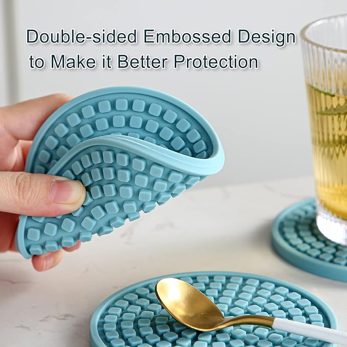 Colinda Silicone Drink Coasters with Holder, Set of 6, Outdoor Cup Mat for Hot or Cold Drinks, Thickened, Non-Slip,Non-Stick, Turquoise