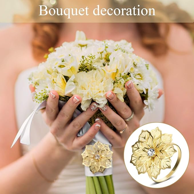 Hotop 100 Pcs Gold Napkin Rings Flower Napkin Holders Buckles Hollow Out Rhinestone Christmas Delicate Serviette Buckles for Thanksgiving Party Gathering Dinner Wedding Banquet Holiday Table Decor