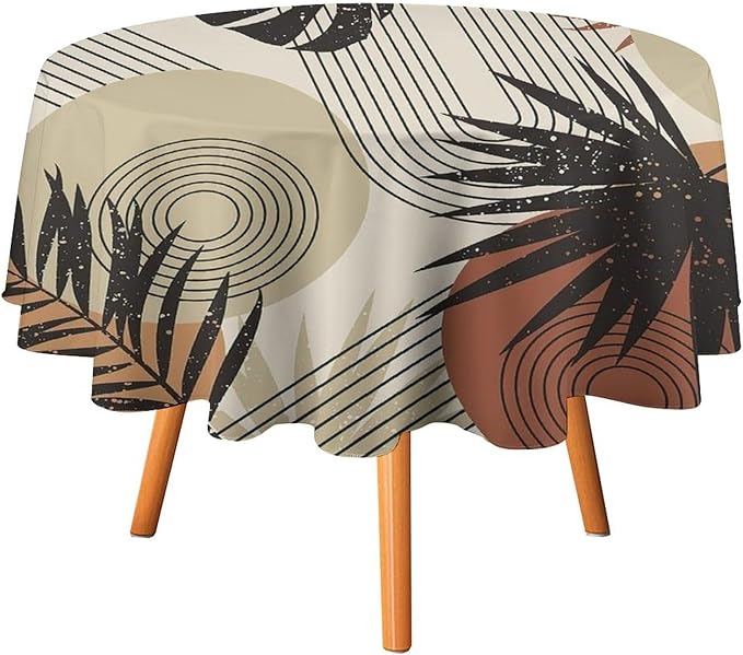 Boho Medieval Abstract Leaves Round Tablecloth, Mid Century Modern Bohemian Style Print Tablecloth for Home Party Dining Room Kitchen Decor 60Inch(152cm)